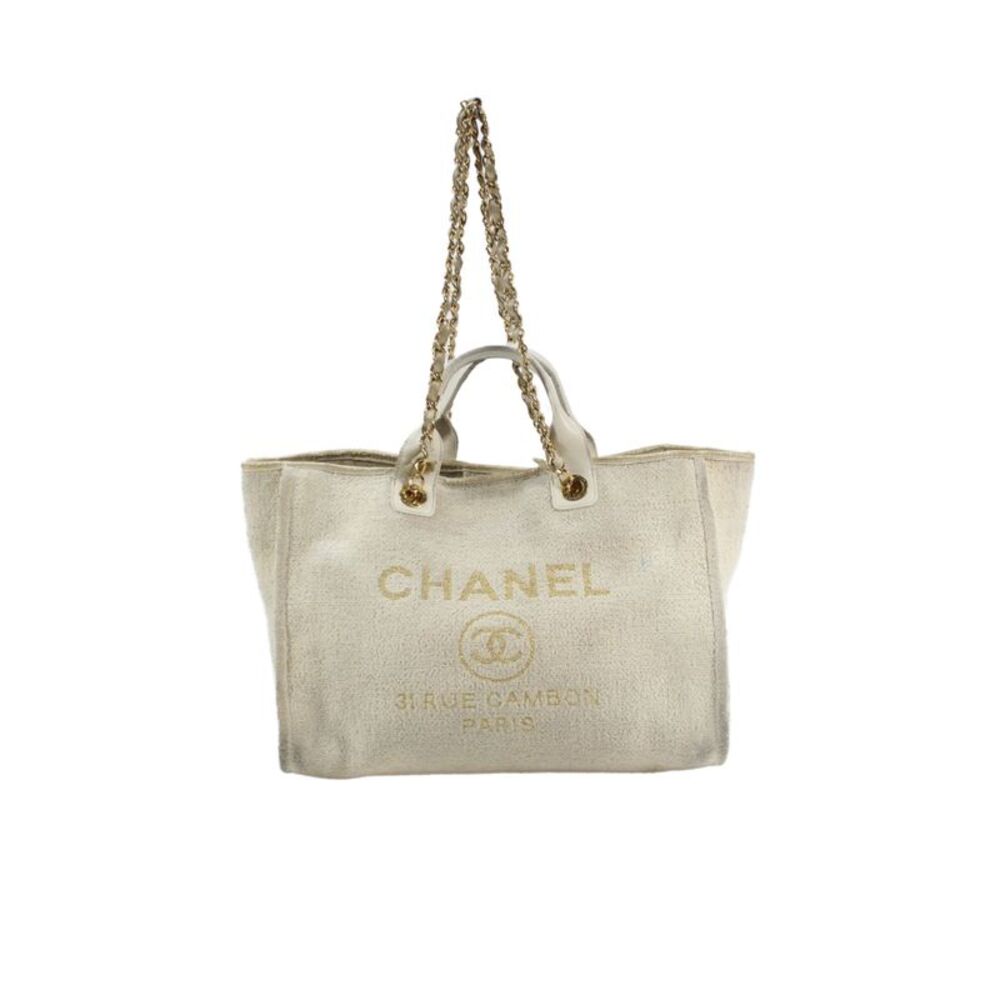 Chanel Womens Canvas Chain Logo Strap Tote Handbag White